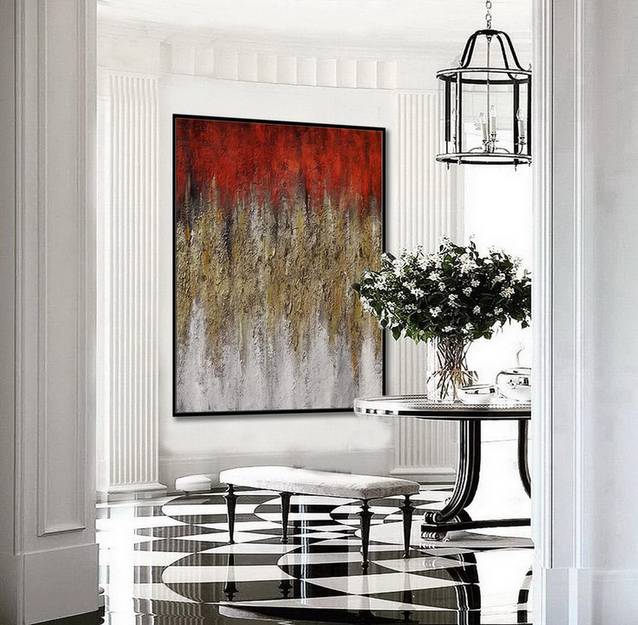 Red Original Handmade Leaf Textured Abstract Canvas Artwork ABGN9